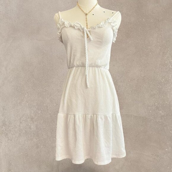 Caution the the Wind White Striped Midi Dress Ruffle Hem Tie Front Preppy - Picture 1 of 6